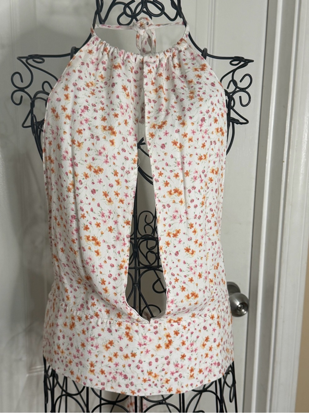 White Floral Halter Crop Top with Orange and Pink Print